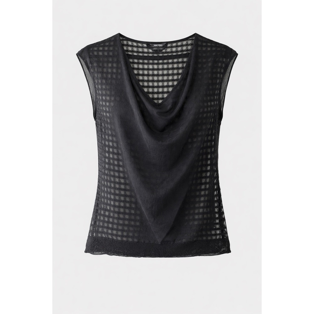 Eileen Fisher Black Cotton Mesh Cowl Neck Sleeveless Top Italian Yarn XS